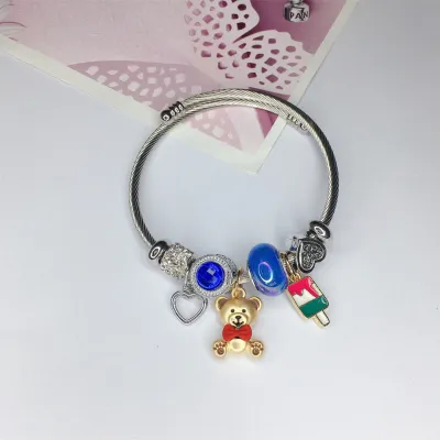 Women Fashion Heart Lock Bear Pendant Stainless Steel Bracelet