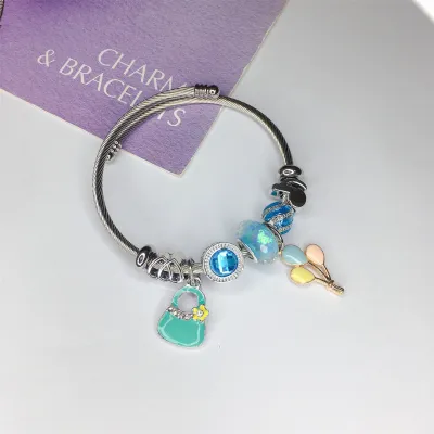Women Fashion Heart Lock Bear Pendant Stainless Steel Bracelet