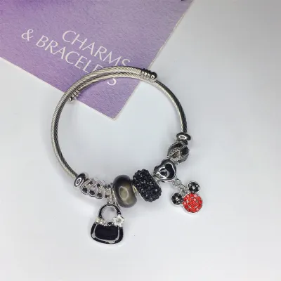 Women Fashion Heart Lock Bear Pendant Stainless Steel Bracelet
