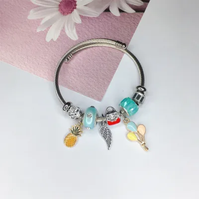 Women Fashion Heart Lock Bear Pendant Stainless Steel Bracelet