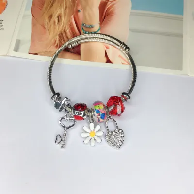 Women Fashion Heart Lock Bear Pendant Stainless Steel Bracelet