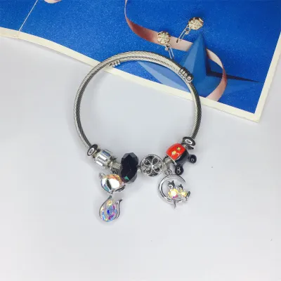 Women Fashion Heart Lock Bear Pendant Stainless Steel Bracelet
