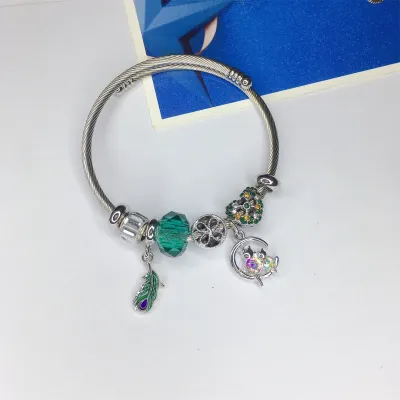 Women Fashion Heart Lock Bear Pendant Stainless Steel Bracelet