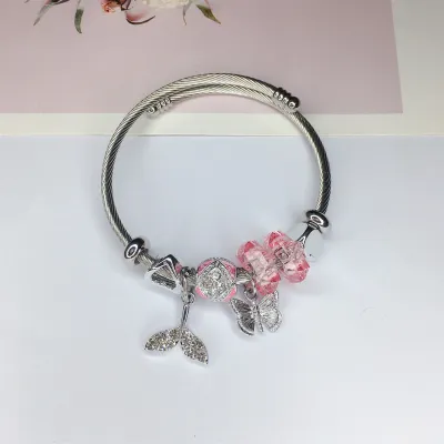 Women Fashion Heart Lock Bear Pendant Stainless Steel Bracelet