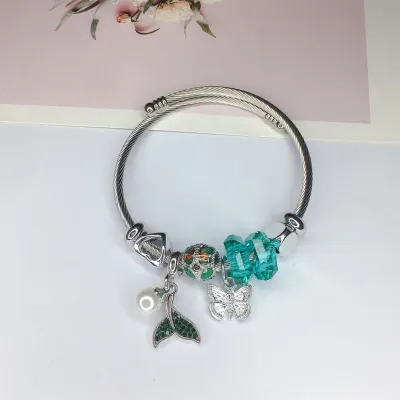 Women Fashion Heart Lock Bear Pendant Stainless Steel Bracelet