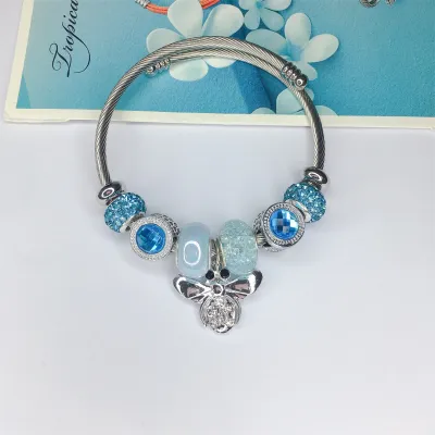 Women Fashion Heart Lock Bear Pendant Stainless Steel Bracelet