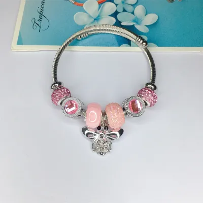 Women Fashion Heart Lock Bear Pendant Stainless Steel Bracelet