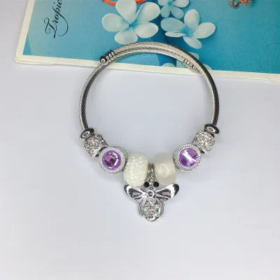 Women Fashion Heart Lock Bear Pendant Stainless Steel Bracelet