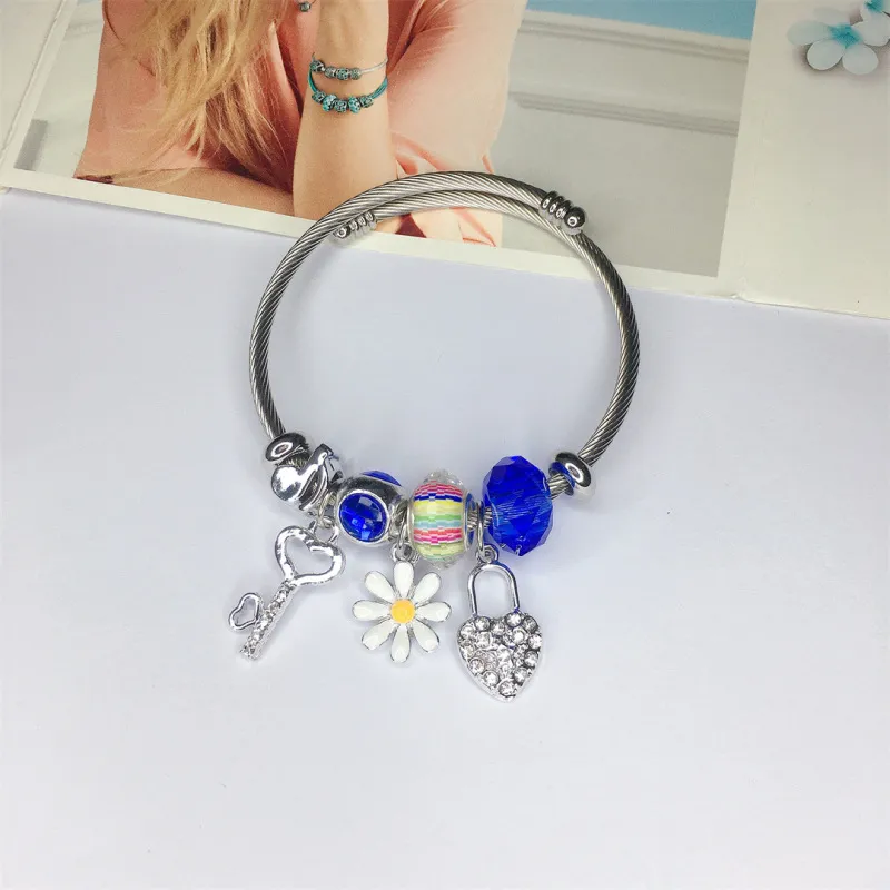 Women Fashion Heart Lock Bear Pendant Stainless Steel Bracelet