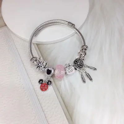 Women Fashion Dream Catcher Rhinestone Pendant Stainless Steel Bracelet