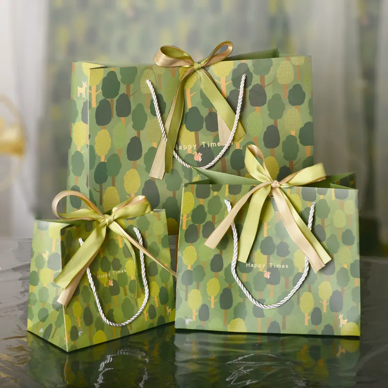 Simple Green Forest Bow Ribbon Candy Storage Handle Paper Shopping Bag
