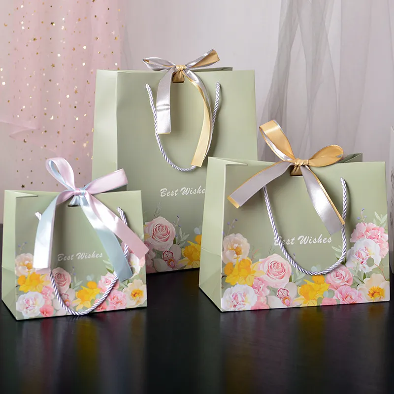 Simple Neutral Rose Printed Bow Ribbon Gift Paper Tote Bag