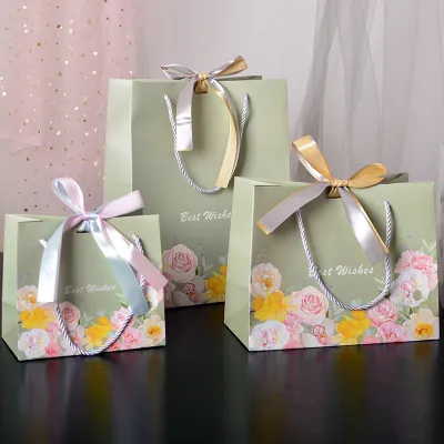 Simple Neutral Rose Printed Bow Ribbon Gift Paper Bag