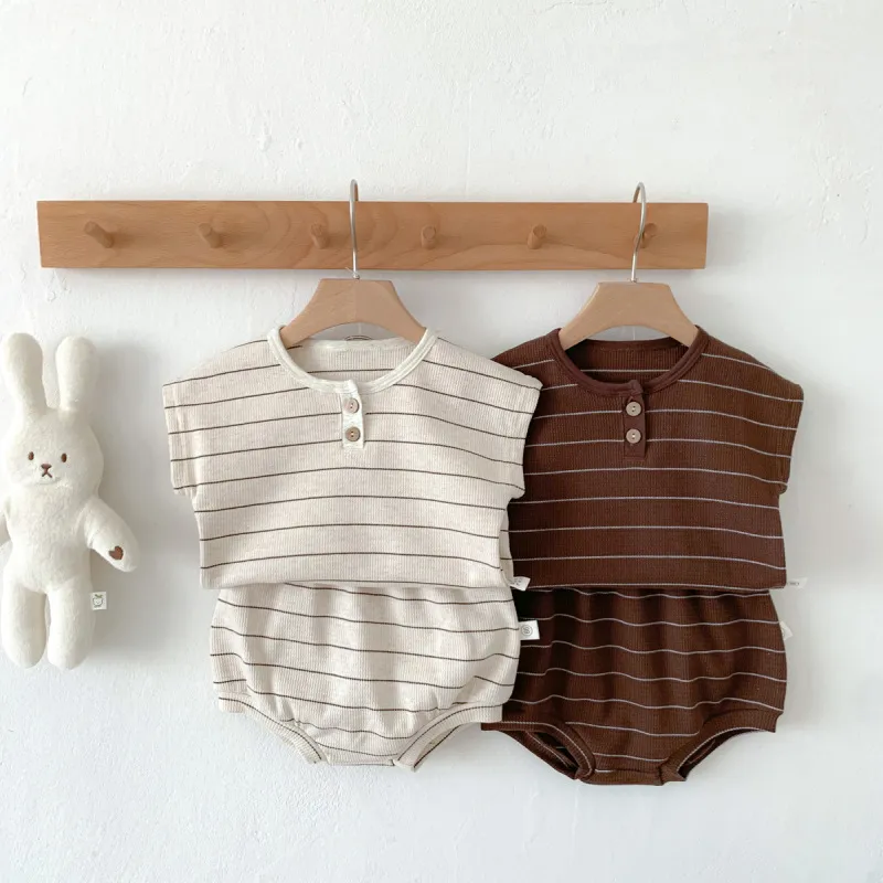 Kids Baby Boys Girls Neutral Casual Cotton Waffle Stripe Short Sleeve T-Shirt Shorts Outfit Set