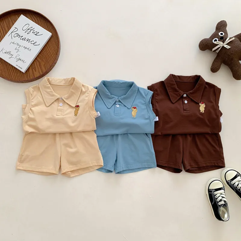 Kids Baby Boys Casual Cartoon Sleeveless Lapel Shirt Shorts Set Cotton Solid Color Pants Set