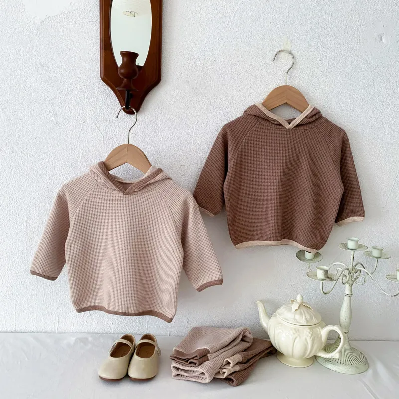 Kids Baby Boys Casual Cute Solid Color Waffle Long Sleeve Hoodies Trousers Set Cotton Pullover