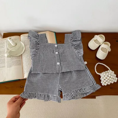 Kids Toddler Girls Casual Plaid Cap Sleeve Top Shorts Set