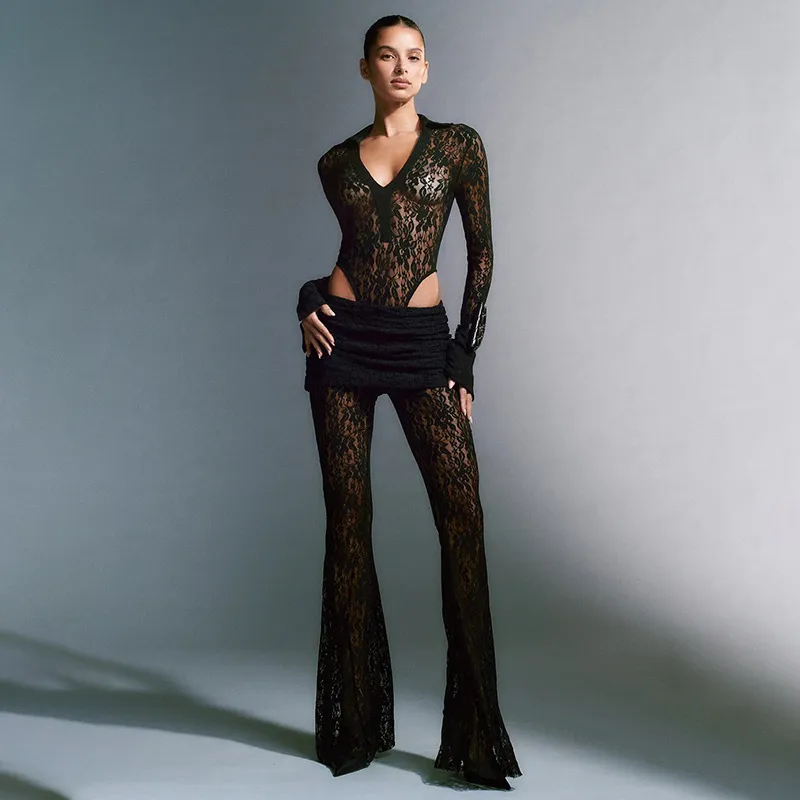 Women Fashion Sexy Deep V Lace Long Sleeve Bodysuit High Waist Perspective Flared Pants Two-Piece Set