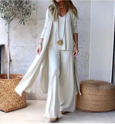 Women's Elegant Wind Solid Color Loose V-Neck Sling Top Wide Leg Pants Long Sleeve Cardigan Jacket Three-Piece Set