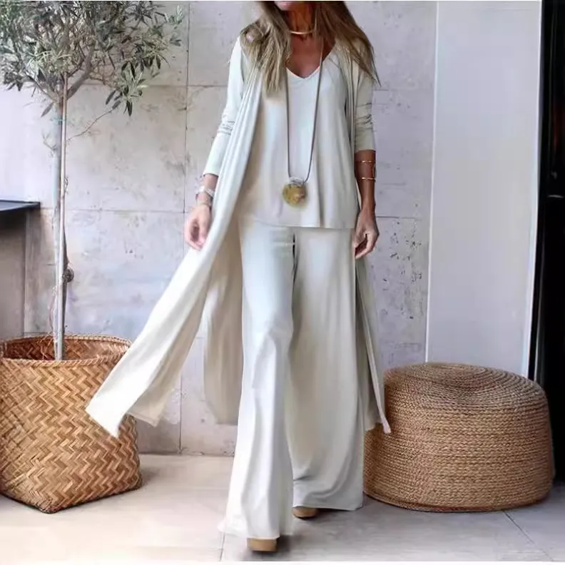 Women's Elegant Wind Solid Color Loose V-Neck Sling Top Wide Leg Pants Long Sleeve Cardigan Jacket Three-Piece Set