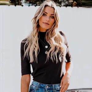 Summer Women Casual Solid Color Stand Collar Half Sleeve Pullover T-Shirt