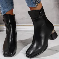 Women Fashion Pointed Toe Black Back Zipper Solid Color High Tube Platform Thick Heel Rider High Boots