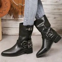 Women Fashion Plus Size British Style Metal Buckle Pointed Toe PU Mid-Calf Boots