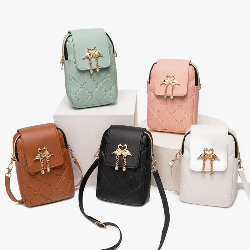 Women Fashion Rhombic Embossed Swan Decoration Rectangular PVC Purses