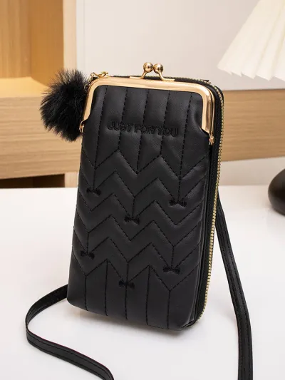 Women Fashion Rectangular PU Purse with Stitch Hair Ball Pendant Latch Closure