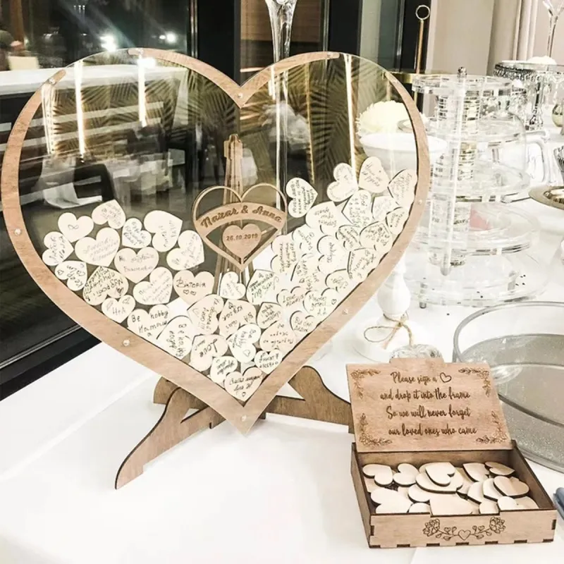 Simple Creative Modern Art Wooden Acrylic Heart-shaped Wedding Guest Message Box Party Venue Layout