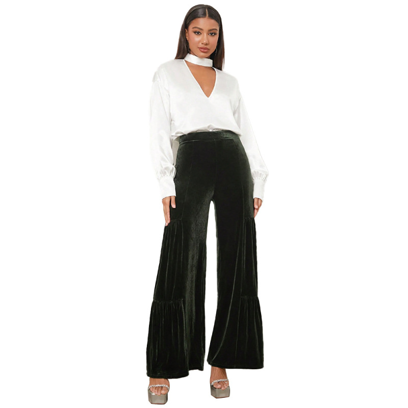 Wholesale Women Fashion Solid Color Velvet Wide Leg Pants