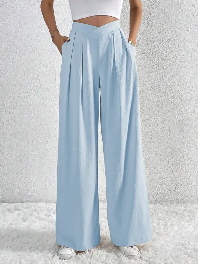 Women Elegant Casual Solid Color Pleated Wide Leg Pants