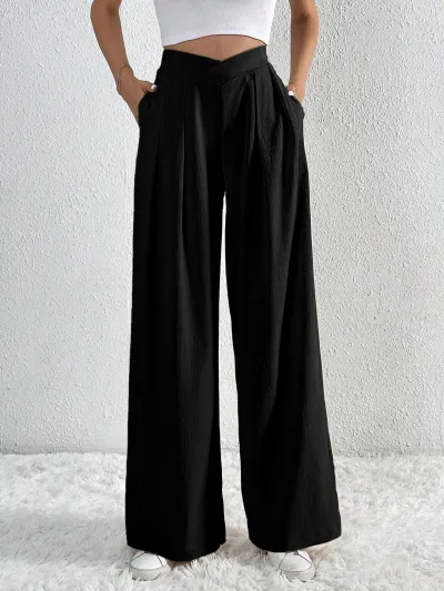 Women Elegant Casual Solid Color Pleated Wide Leg Pants