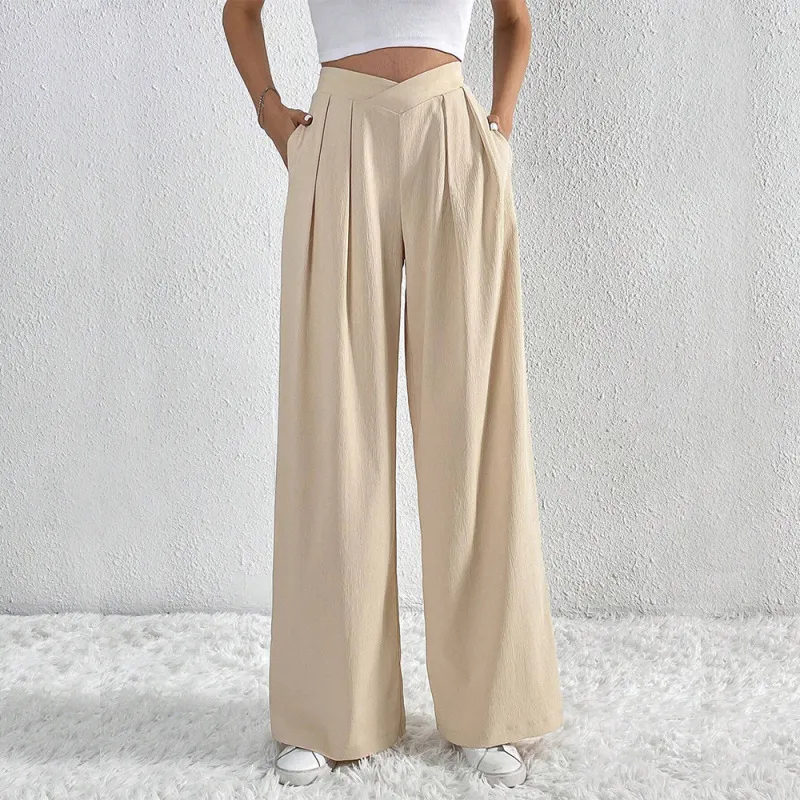 Women Elegant Casual Solid Color Pleated Wide Leg Pants