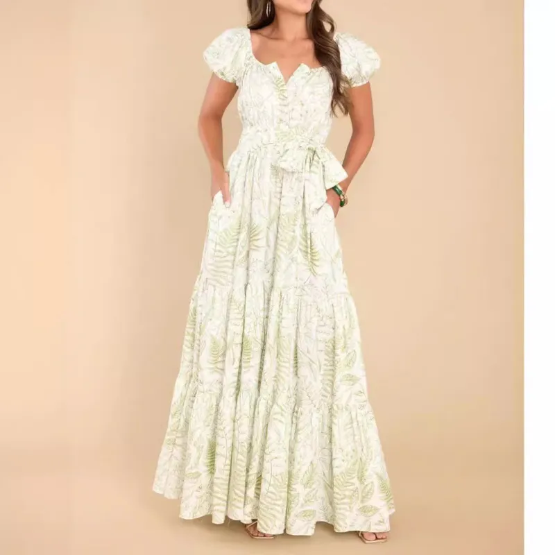 Women Casual Fashion Printed Puff Sleeve Maxi Dress