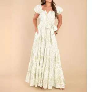 Women Casual Fashion Printed Puff Sleeve Maxi Dress