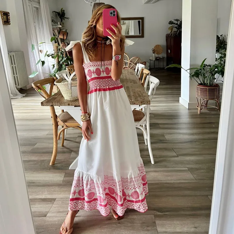 Bohemian Women Casual Maxi Dress Lace-Up Square Collar