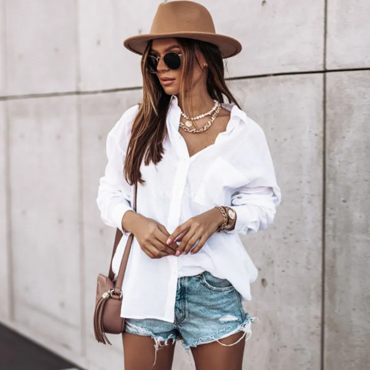 Fashion Office Basic Women White Shirt Slim-Fit Lapel Long Sleeve Blouse