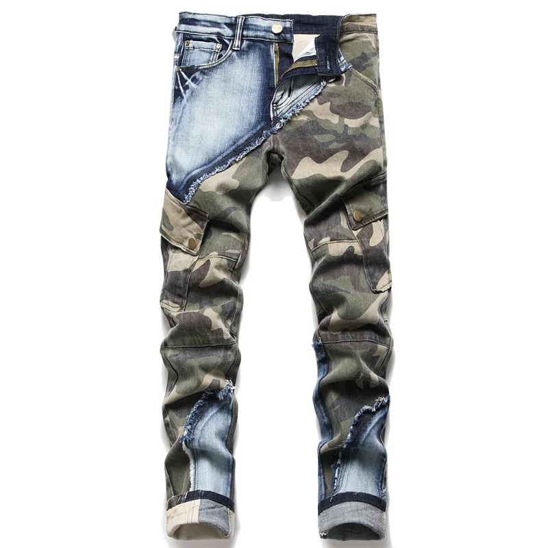 Men Fashion Casual Camouflage Stitching Plus Size Straight Jeans