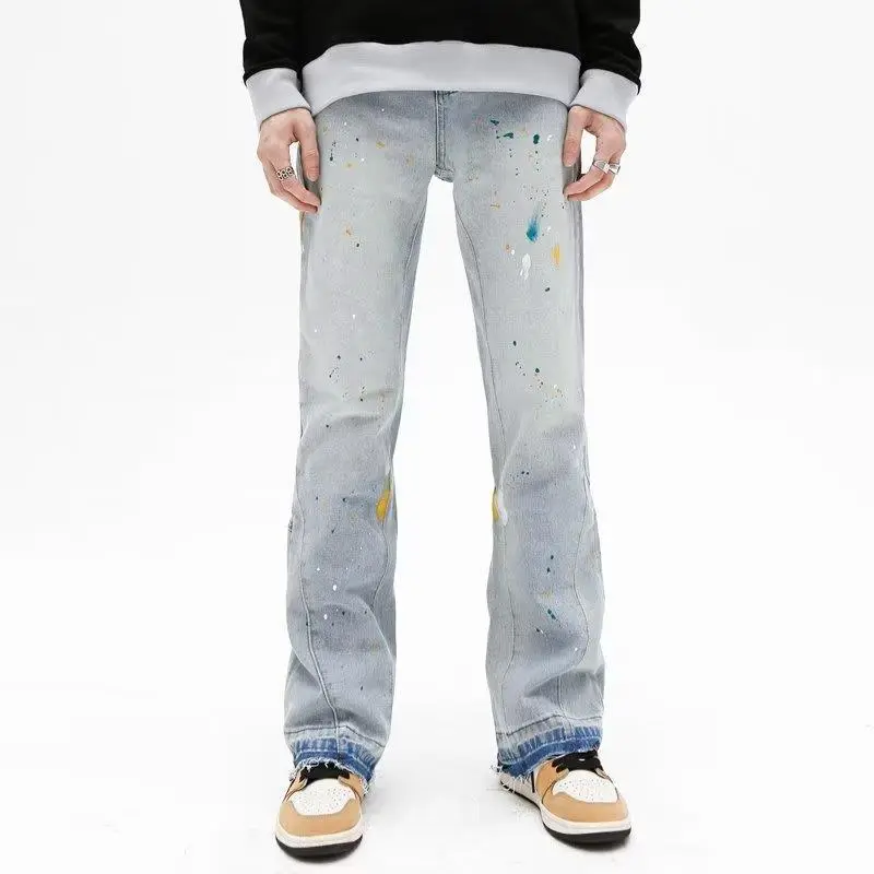 Men Youth Popular Straight Ripped Denim Jeans Mid-Waist Long Pants