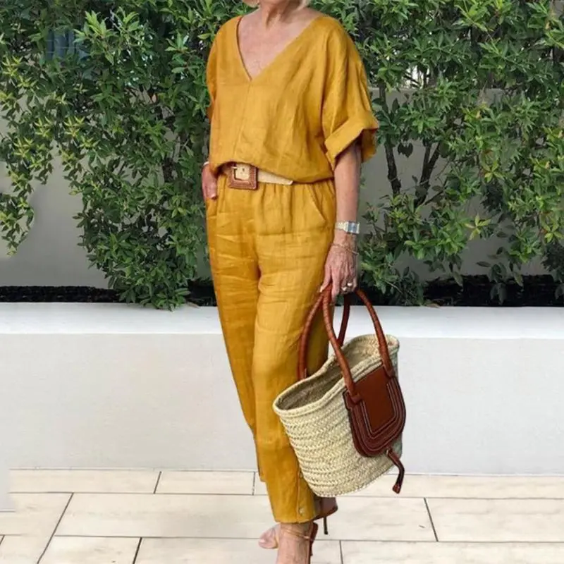 Women Casual Solid Color V-Neck Short Sleeve Top Pants Two-Piece Set