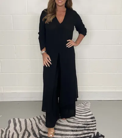 Women Casual V-Neck Split Top Wide Leg Pants Two-Piece Set
