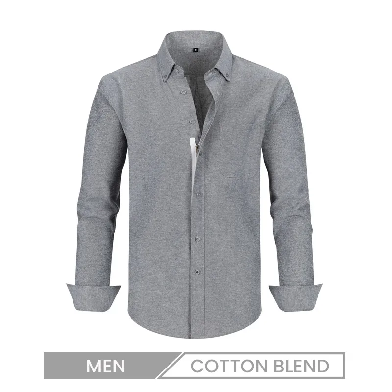 Zipper Men Oxford Fake Button Long Sleeve Solid Color Dress Shirt Custom