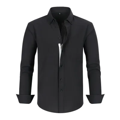 Zipper Men Oxford Fake Button Long Sleeve Solid Color Dress Shirt Custom