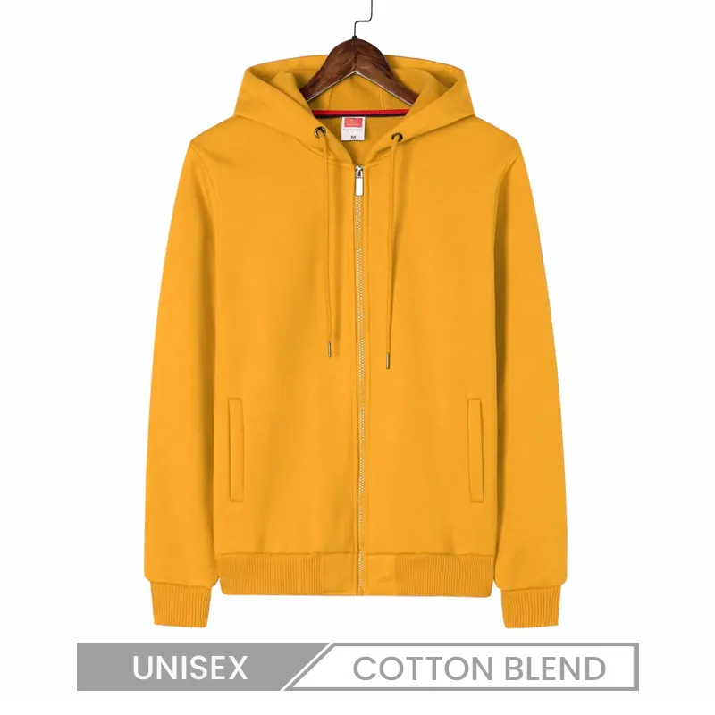Custom Logo Unisex Casual Solid Color Cotton Fleece-Lined Zip-Up Hoodie