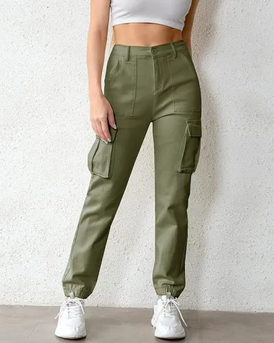 Women Casual Solid Color Cargo Jogger Pants High Waist Loose Fit