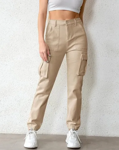 Women Casual Solid Color Cargo Jogger Pants High Waist Loose Fit