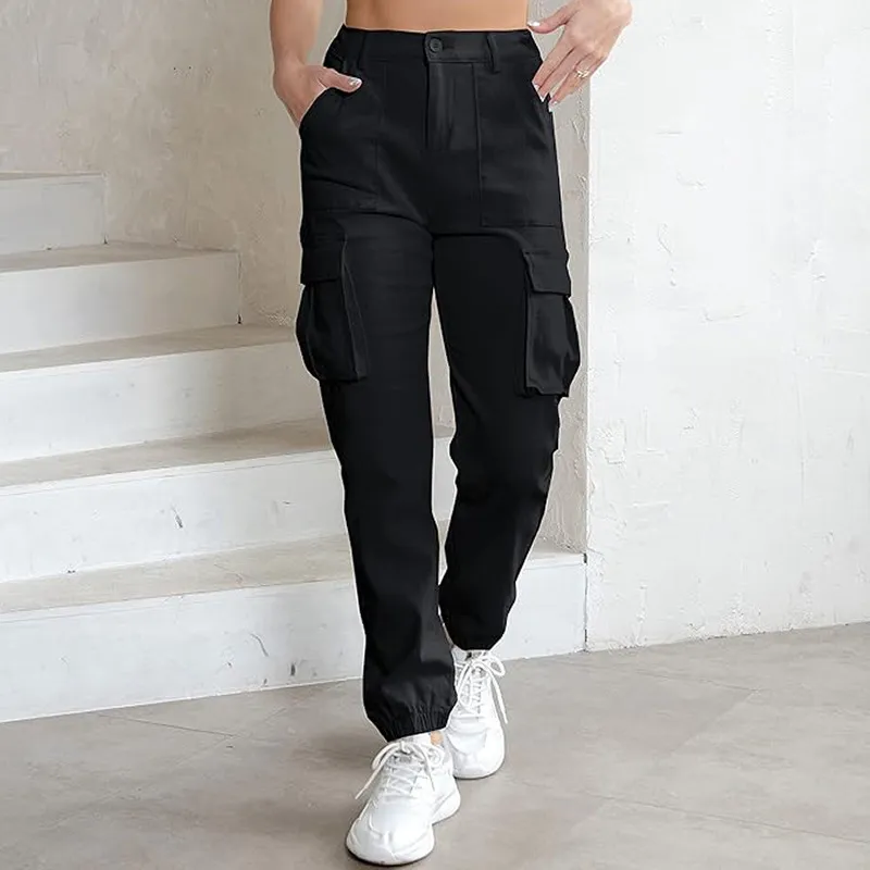 Women Casual Solid Color Cargo Jogger Pants High Waist Loose Fit