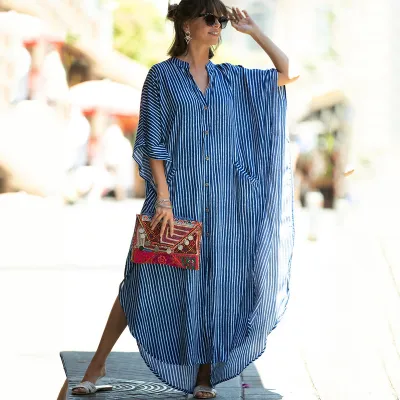 Women Casual Loose Stripe Leaf Feather Print Bikini Cover-Ups Polyester Four-Sided Bomb