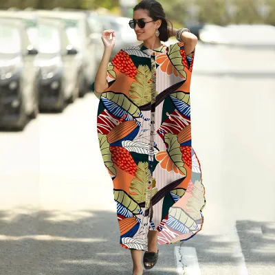 Women Casual Loose Stripe Leaf Feather Print Bikini Cover-Ups Polyester Four-Sided Bomb